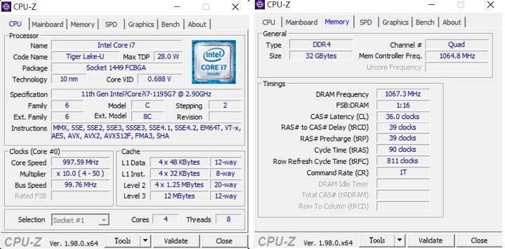 透過 CPU Z 檢視，Intel Core i7-1195G7 為 10 奈米，TDP 28W，採 4 核心 8 執行緒架構，記憶體為 32GB LPDDR4X。