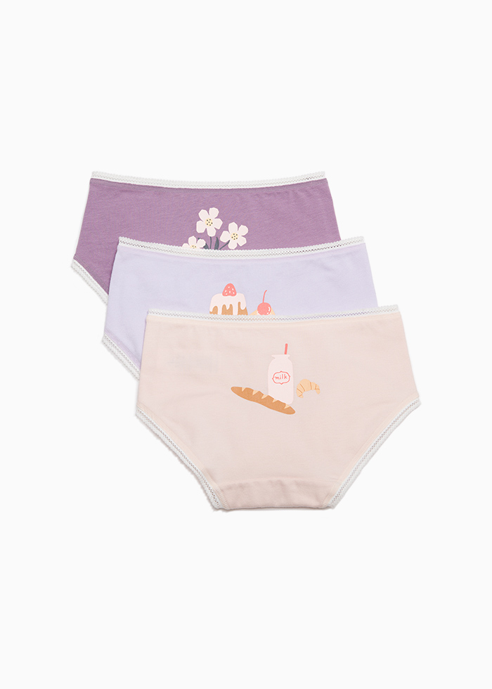 女童內褲_抗菌系列：(女童三入組)抗菌系列．球球緊帶三角內褲(牛奶麵包/蛋糕/花朵)