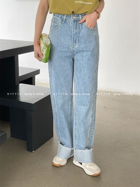 直筒褲 KITTIN韓系復古翻邊闊腿牛仔褲女春季新款高腰寬松百搭直筒褲