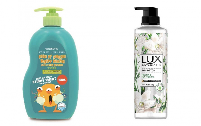 BODY WASH>>屈臣氏Fun心玩兒童沐浴乳 500ml／特價2罐169元、LUX深層淨化精油香氛沐浴露 550g／特價2罐138元（圖／品牌提供）