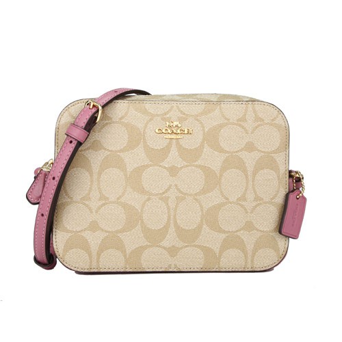 主商品名稱：【COACH】PVC LOGO 拼接皮革小型相機斜背包(IMR6D 米白/粉紫)配件: 廠商保證卡x1、原廠吊牌x1、原廠材質說明卡x1材質: PVC+皮革尺寸: 寬18cm*高13cm*