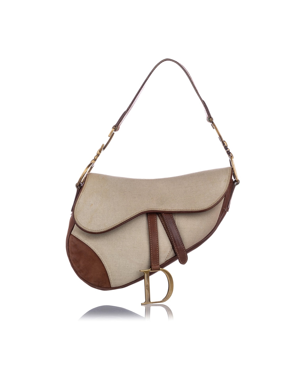 This Saddle bag features a canvas body with leather trim, flat leather strap, a front flap with velcro closure, and interior pockets. Serial: RU 1002 Measurements: Length: 20cm Width: 25cm Depth: 3cm Country of Origin: ITALY Inclusion: - Dust Bag Comments: Our actual product photos are unique for each item and show with great detail the features and flaws of each piece. They are accompanied by detailed product descriptions that outline features and dimensions, what the item ships with, its condi