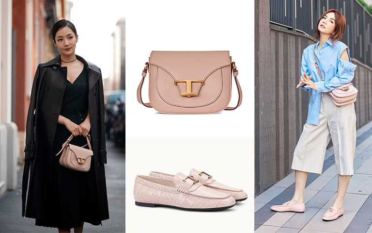 TOD'S TIMELESS BAG肩斜揹包裸粉色NT72,300，TOD'S TIMELESS 鱷魚壓紋樂福鞋NT24,500(圖／TOD’S提供，him_ella0618 IG)