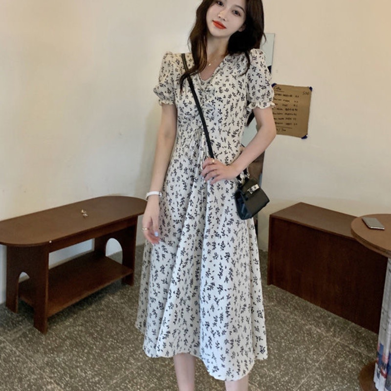 甜美碎花洋裝 198536 氣質v領短袖碎花裙 小清新夏季中長裙a字裙