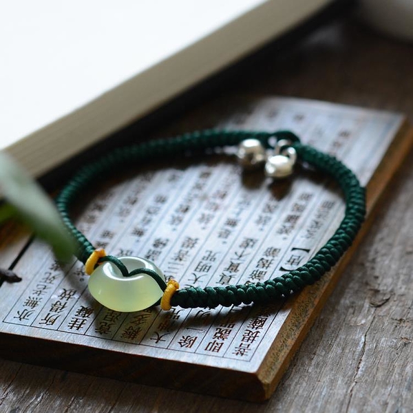 UDTRend 珠寶~天然玉石平安扣腳鍊 手工編制定制小鈴鐺腳鍊文藝女款腳飾東陵玉