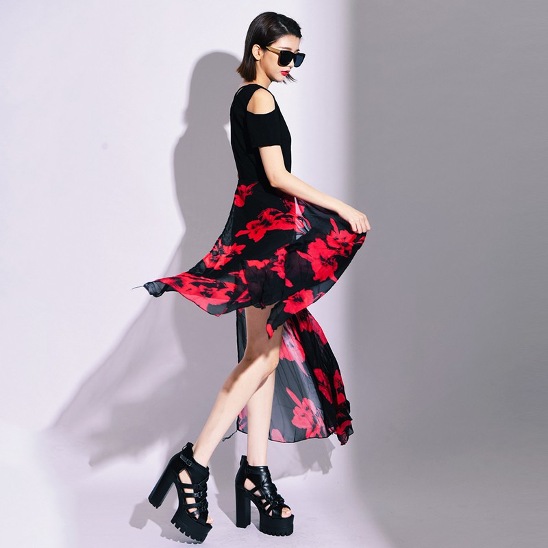 露肩雪紡開岔長上衣+高腰短褲套裝