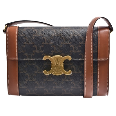 CELINE 經典TRIOMPHE帆布羊皮飾邊拉暗釦手拿/斜背包(黃褐色)