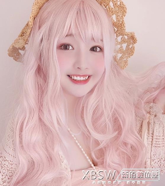 網紅可愛粉色假髮女長捲髮大波浪空氣劉海圓臉蓬鬆自然日繫