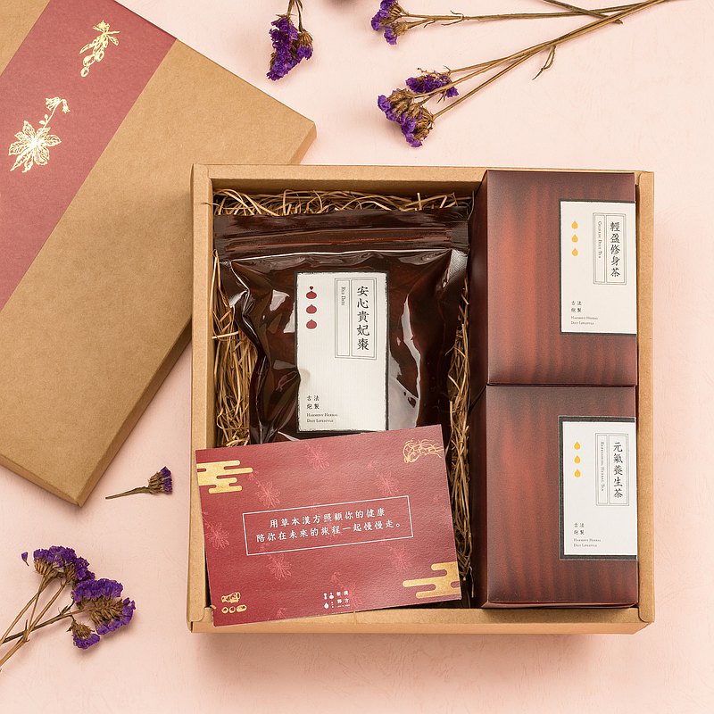 ・母親節禮盒，推薦給小資族的妳。用滿滿的健康，傳遞心意，給媽媽新陳代謝好元氣。 ・輕盈修身茶 × 元氣養生茶 × 安心貴妃棗