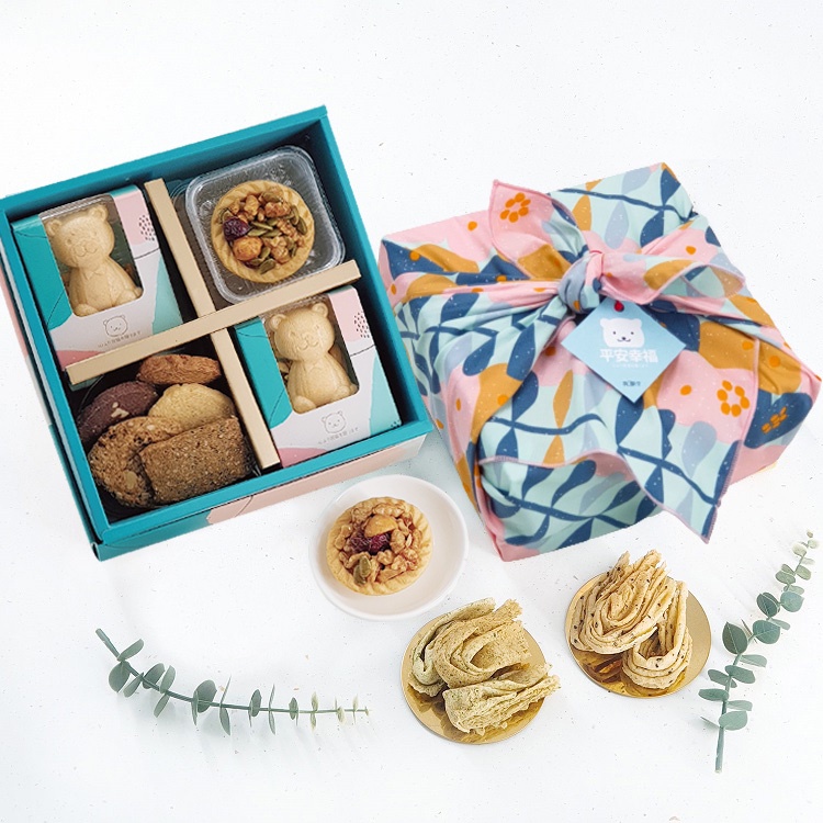 【我願堂】春日雅致典藏禮盒-風呂敷限定款11入裝(熊之助最中堅果塔/常溫點心)｜中秋禮盒 日本皇室點心｜天然減糖零添加｜