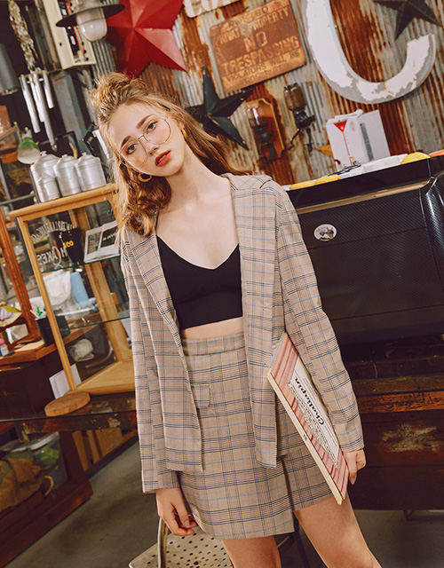 率性配色格紋西裝外套