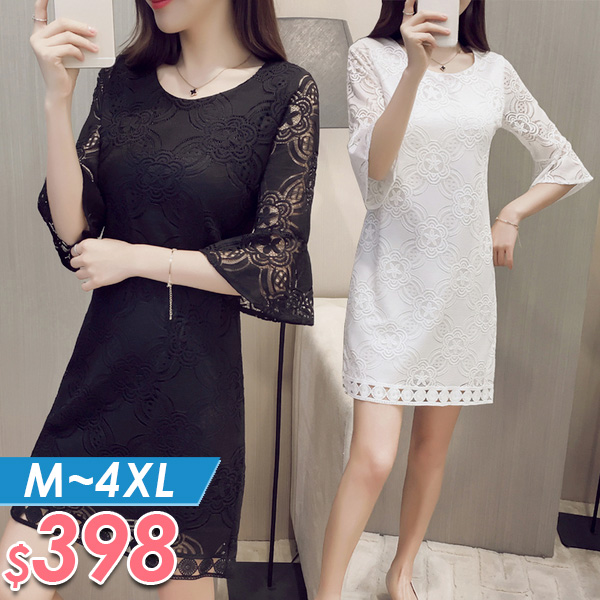 連身裙 優雅喇叭袖連身裙m-4xl 棉花糖女孩 【nw06204】