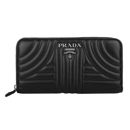 PRADA - 灰金屬logo縫線皮革拉鍊長中夾(黑)