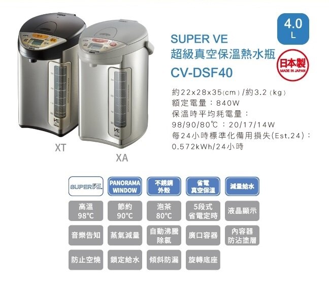 ZOJIRUSHI象印4L VE真空保溫省電熱水瓶 CV-DSF40