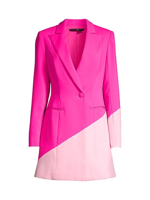 Statement-making dress with a stretch crepe fabric and two-tone colorblock design.; Peak lapels; V-n