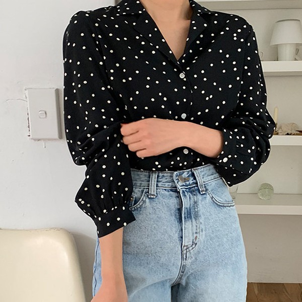 GF 長袖襯衫 小清新 復古波卡小圓點 長袖上衣 2色 【快速出貨】