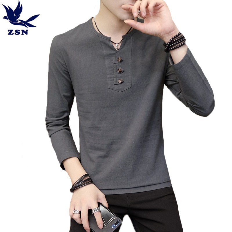 多色選大尺碼棉麻長袖T恤 V領素面三粒扣中國風打底T恤 百搭T恤上衣 棉質舒適透氣T恤日系內搭上衣 休閒顯瘦時尚男生衣著