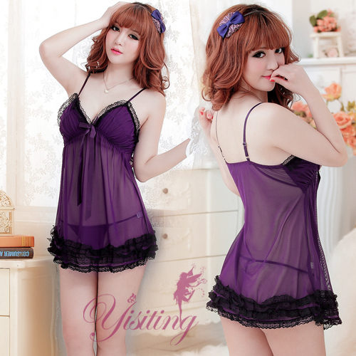 【紫色系】2件組可愛蕾絲薄紗性感睡衣+丁字褲【銀白色精品】