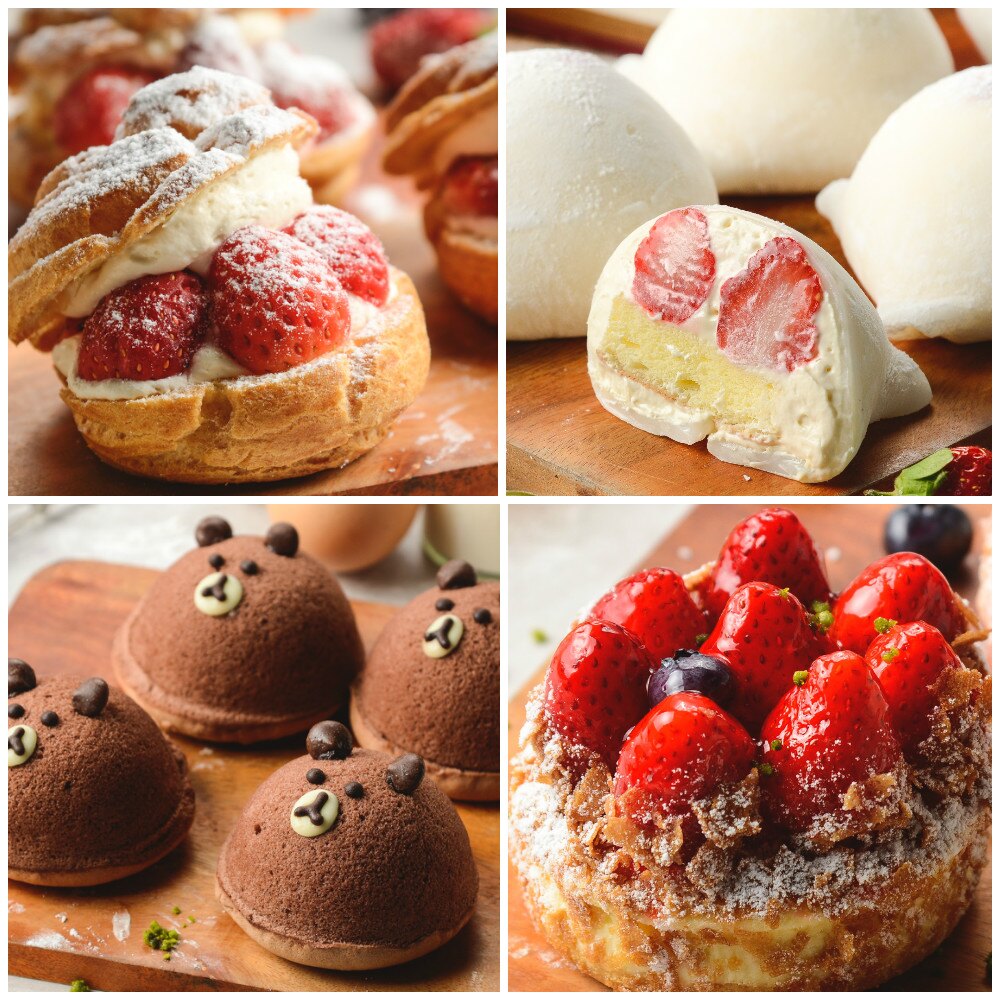 草莓季限定[幸福草莓四宮格]小朋友最喜愛熊熊蛋糕，草莓起士派，Q軟麻吉雪媚娘及酥脆草莓泡芙