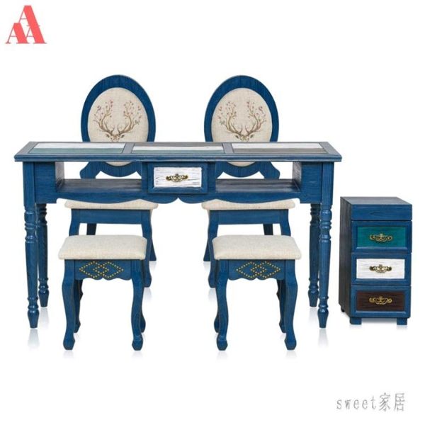 美甲桌 美式地中海實木復古美甲桌椅套裝單人雙人深藍色美甲臺 LR7890【Sweet家居】