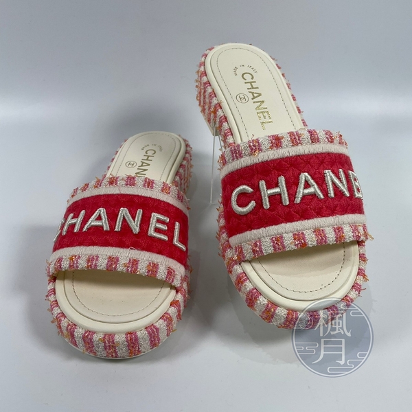 BRAND楓月 CHANEL 香奈兒 紅白LOGO毛呢拖鞋 #35.5 跟鞋 涼鞋 精品女鞋 時尚穿搭