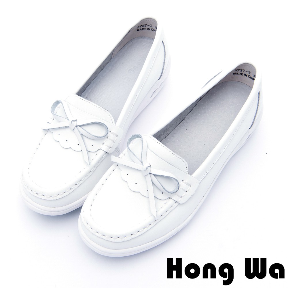 Hong Wa - 甜美蝴蝶結牛皮柔軟氣墊樂福鞋 - 白
