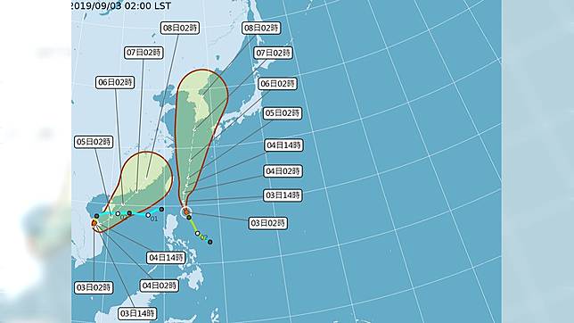 雙颱共舞，玲玲颱風外圍環流，今晚開始出現雨勢。圖／翻攝中央氣象局