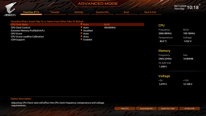進階模式裡新增的「Favorites（F11）」分頁，已經內建一些常用的設定選項，玩家也可以在其它BIOS頁面中，對想要加入的設定選項按下Insert功能鍵，就可以將該選項加入Favorites（F11）分頁裡，利用Favorites（F11）分頁不但可以自訂個人化的設定頁面，也可以縮減層層頁面尋找的操作時間。