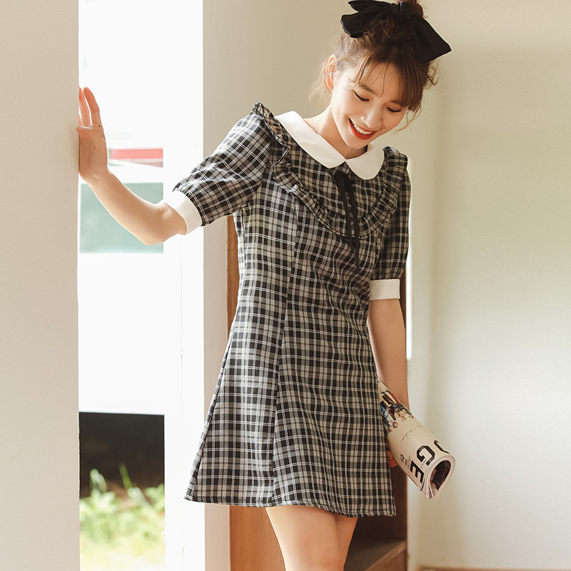 螞蟻q娃連衣裙女夏2020新款學院風泡泡袖格紋格子裙女顯高裙子女