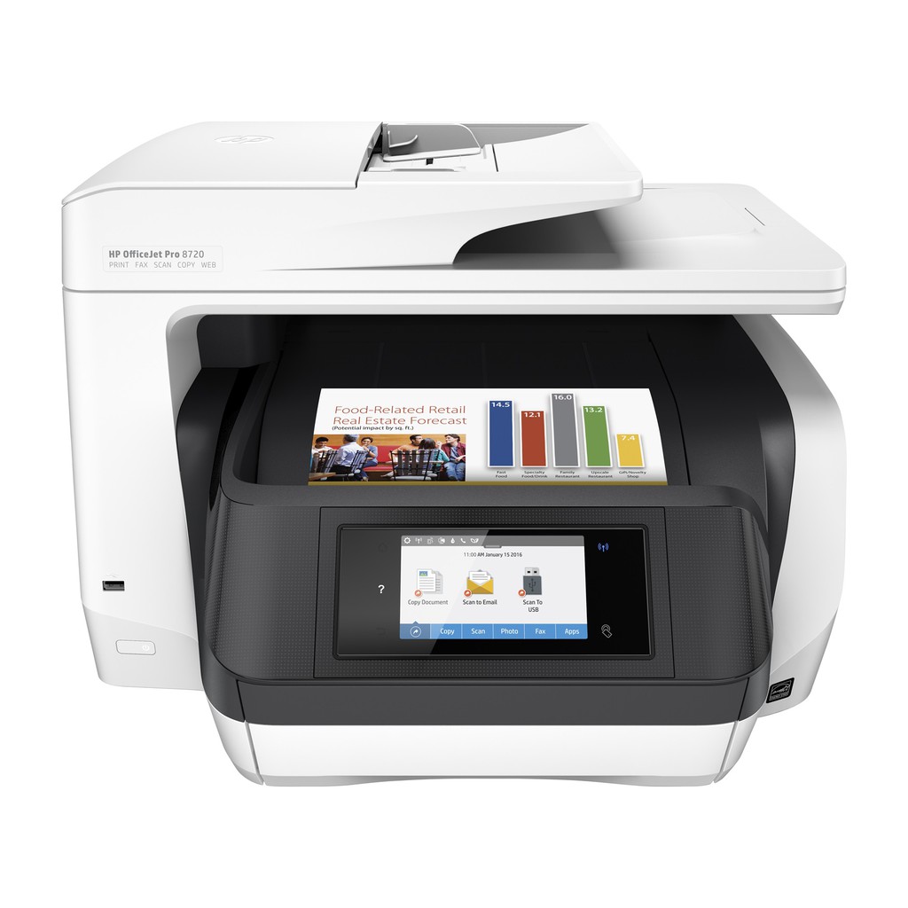 HP Officejet Pro 8720 頂級商務旗艦機 功能：列印/影印/掃描/傳真/網路 連線：USB、802.11n無線、乙太網路、NFC 列印解析度：彩色4800x1200dpi A4列印速