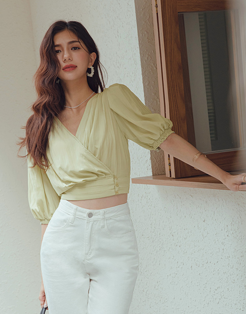 交叉領澎袖縮腰皺皺上衣
