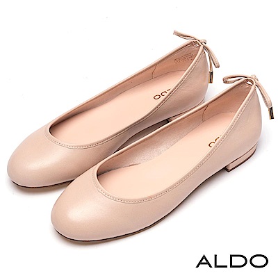 ALDO 原色真皮後綁帶蝴蝶結粗跟娃娃鞋~氣質裸色