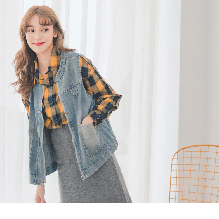 高含棉造型拉鍊小立領水洗牛仔背心