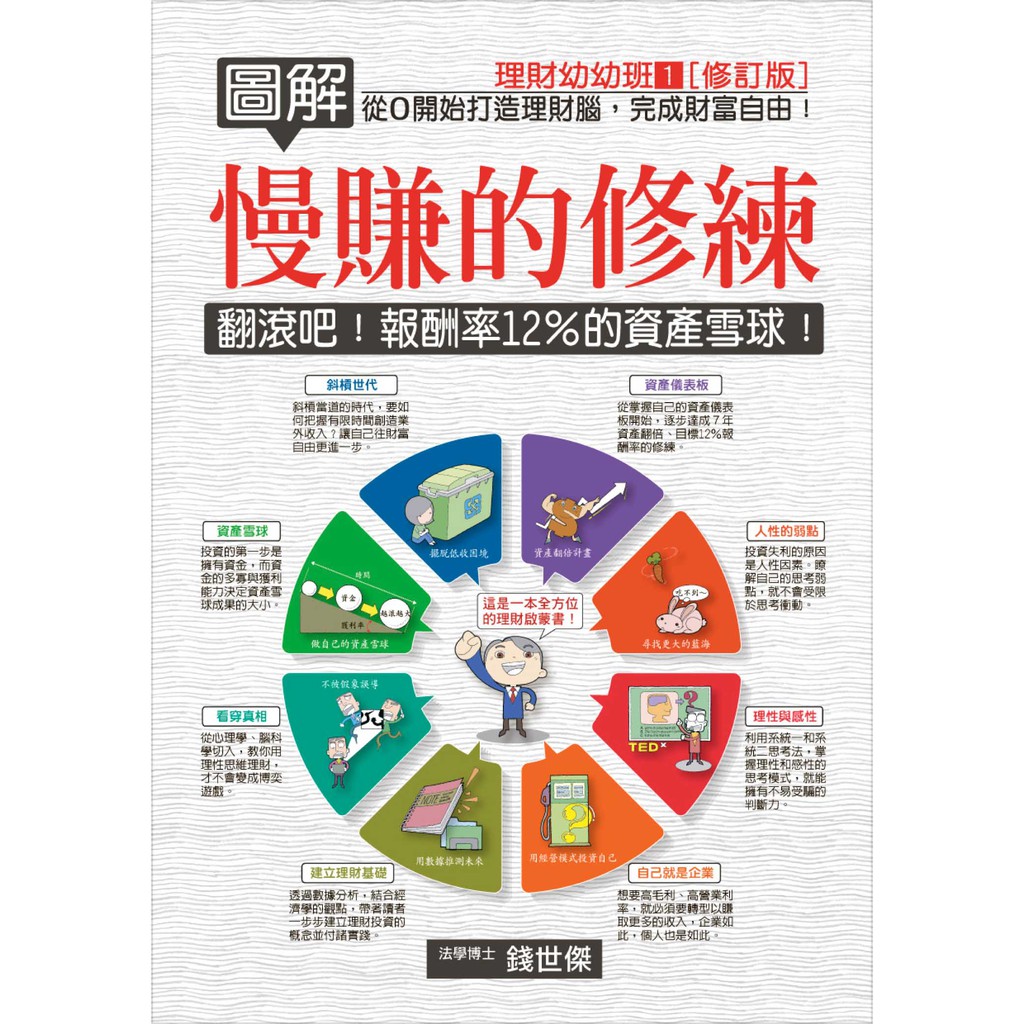 作者：錢世傑 出版社：十力文化 出版日期：2020年12月10日 定價：380 元 開本：25開，平裝圖解理財幼幼班：慢賺的修練(修訂版)從賺錢力開始的自我修練，到控管支出的藝術從選擇一個好的理財教練