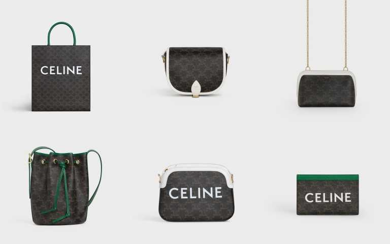 CELINE 直式白色提把托特包／41,500元、滾邊抽繩水桶包／33,500元、滾邊肩背書包／41,500元、滾邊相機包／36,100元、滾邊鍊帶小包／23,000元、滾邊卡夾／8,200元（圖／品牌提供）