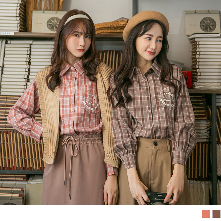 學院KITTY．經典格紋印圖襯衫/上衣
