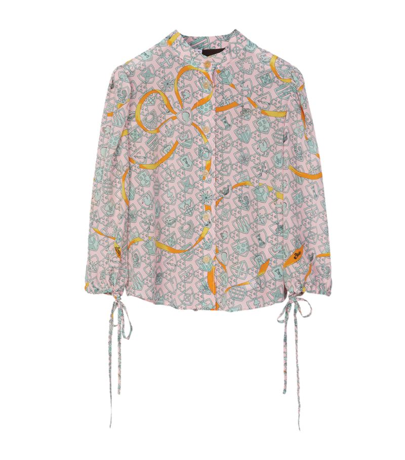 A riot of insignia and swirling colourful ribbons informs the pattern of this two-tone shirt from LO