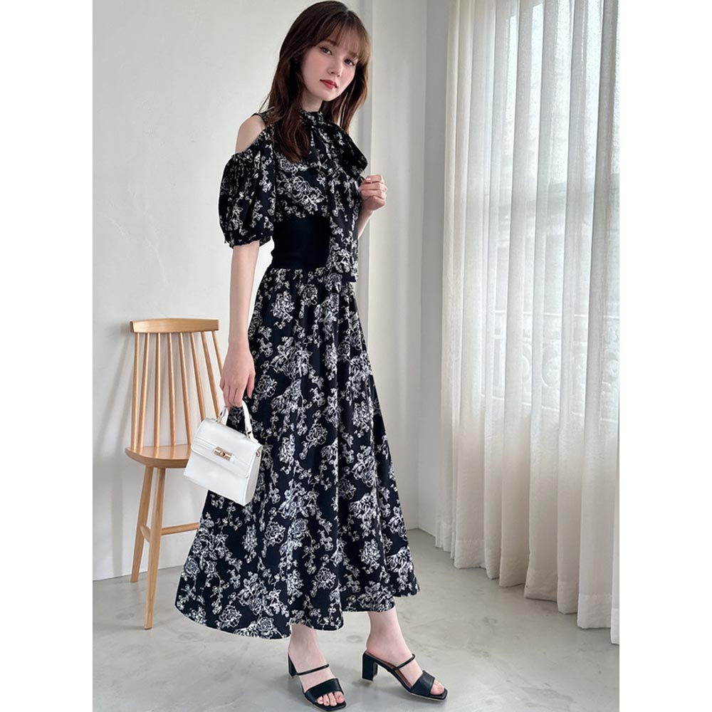 日本 GRL - 絕美氣質扭結收腰碎花洋裝-經典黑