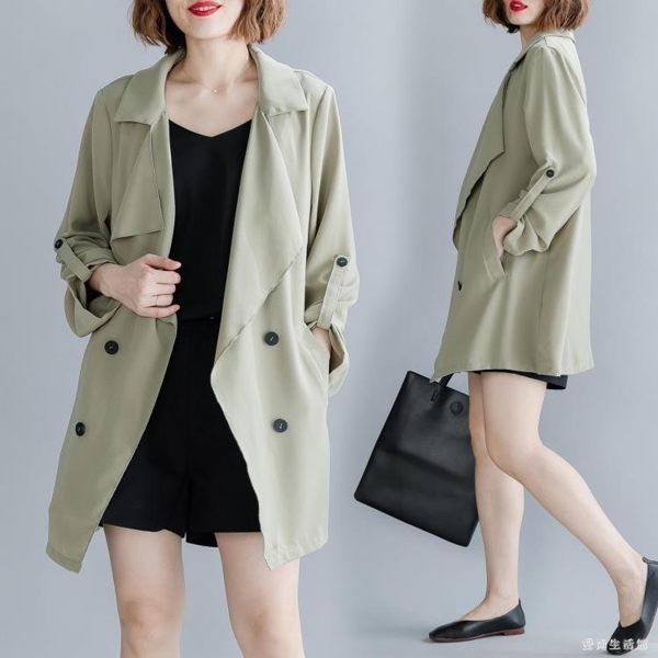 大碼風衣外套 西裝領長袖風衣女秋冬新款胖MM女裝寬鬆百搭休閒通勤開衫外套
