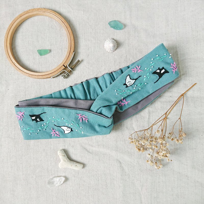 來自海的靈感系列-魟魚遊行雙拼撞色手工刺繡髮帶