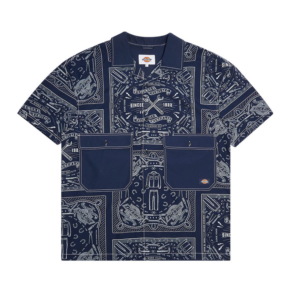 Dickies男款海軍藍純棉府綢滿版班達納印花拼接短袖襯衫