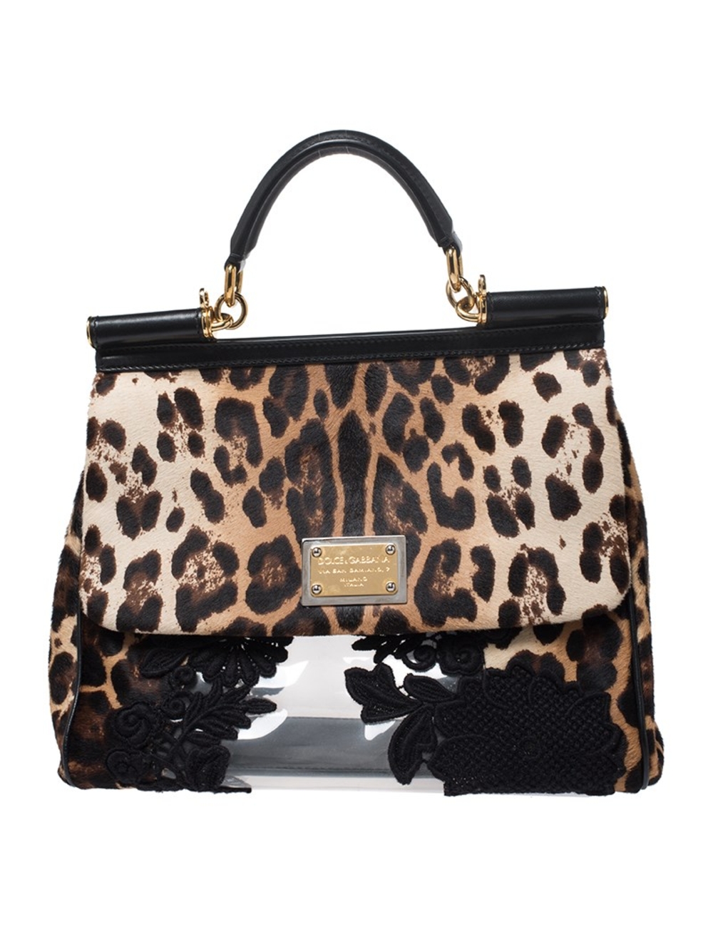 我們喜歡Dolce和Gabbana創作的《西西里小姐》。它由豹紋小牛毛製成，並設計有透視面板和蕾絲飾邊。包有皮革底座，皮革頂部提手和可拆卸肩帶。用這個豪華的包包完成所有別緻的合奏。