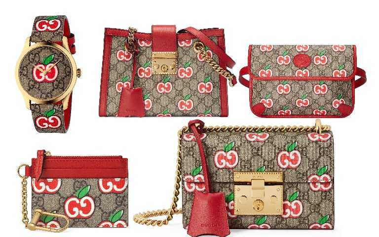 Gucci G-Timeless 蘋果印花錶／32,000元、Padlock 蘋果印花鍊帶肩背包／59,600元、雙G蘋果印花腰包／32,500元、 雙G蘋果印花拉鍊小包／10,000元、Padlock 蘋果印花鍊帶包／61,200元（圖／品牌提供）