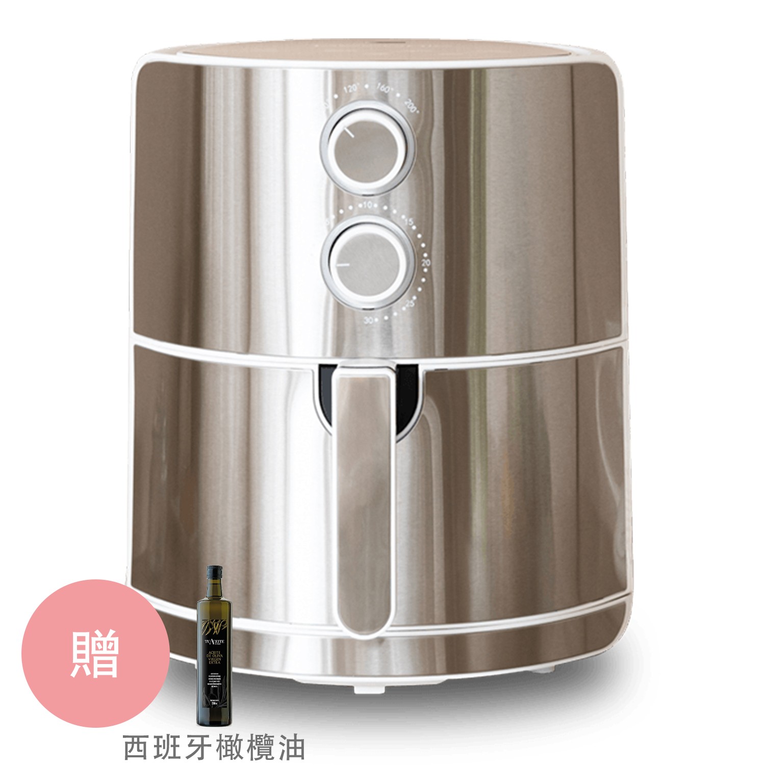 市售最大容量5L，可料理全雞。較傳統油炸料理減脂80％，健康又美味。SGS認證陶瓷塗料，無毒安心好清洗。炸籃側邊開孔設計，烹調受熱更均勻 。雙把手設計，內外鍋都可烹調;氣炸鍋,烤箱,飛利浦,飛樂,安晴