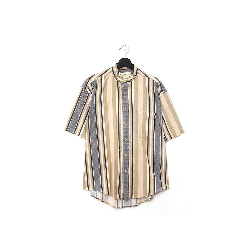 Back to Green- 短袖條紋襯衫 中山領 膚色與灰 vintage shirt