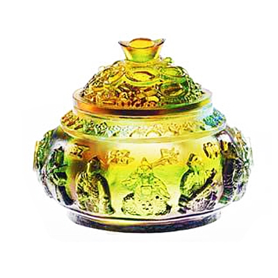 ★開運招財必備★琉璃製聚寶盆有五路財神蝙蝠.如意.祥雲及錦魚圖騰象徵財富年年有餘、取之不盡