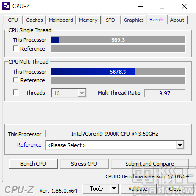 Core i9-9900K 全部核心超頻至 4.8GHz，CPU-Z 多執行緒分數上升 0.7％ 至 5678.3 分