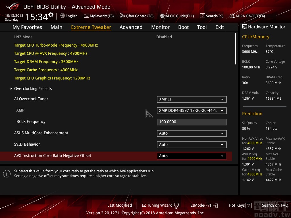 AI Overclocking 功能於 UEFI 進階畫面右下角 Predition 欄位顯示各項資訊與預測結果
