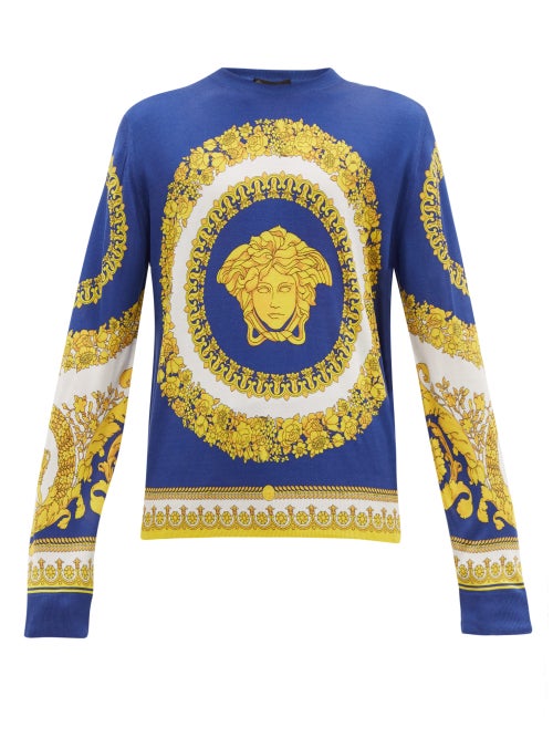 Versace - Give your off-duty rotation an opulent aesthetic with Versace's blue lightweight sweater. 