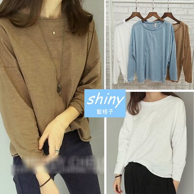 【V3732】shiny藍格子-簡單宣言．百搭休閒純色圓領寬鬆無縫卷邊長袖棉T★7/1-7/3 599折50★